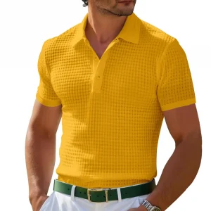 Manlyelegance Men's Waffle Knit Polo Shirt - Breathable Cotton Blend, Short Sleeve Solid Color