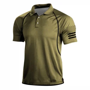 Men's American Tactical Quick-Drying Polo Shirt Flag Print Short-Sleeve Top Gold Trim Outdoor Training Breathable T-Shirt